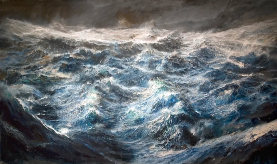 Francesco Santosuosso, Tempesta sull'oceano primordiale, 2014, olio e acrilici su tela, 220×387 cm
