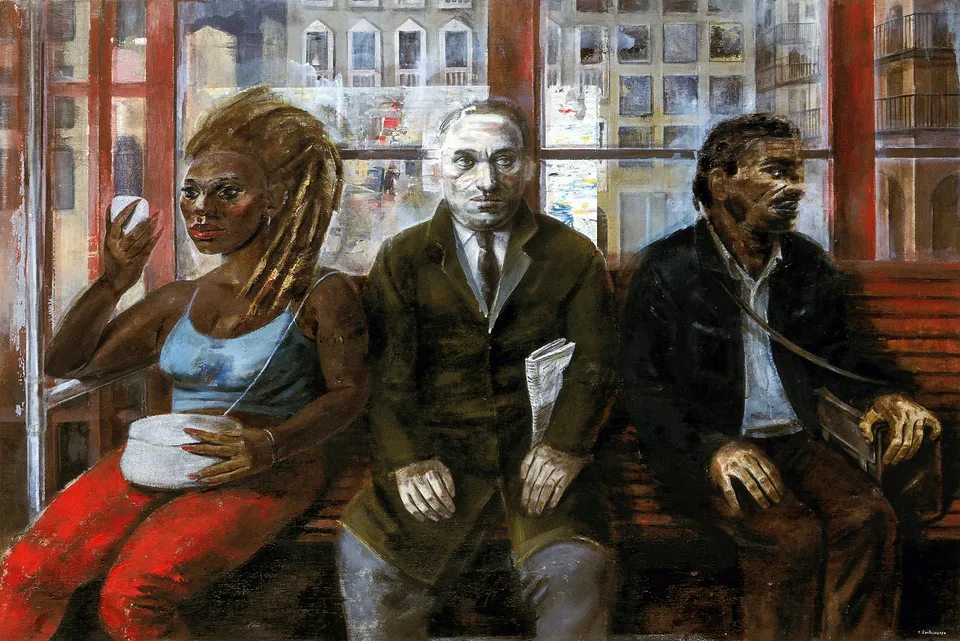 Francesco Santosuosso, 04 milanesi2000, olio su tela, 100×150 cm