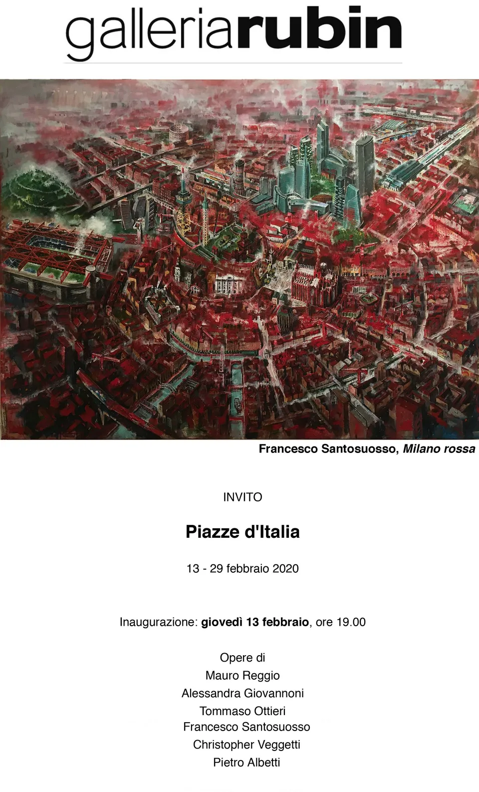 Invito alla mostra Piazze d'Italia, Galleria Rubin