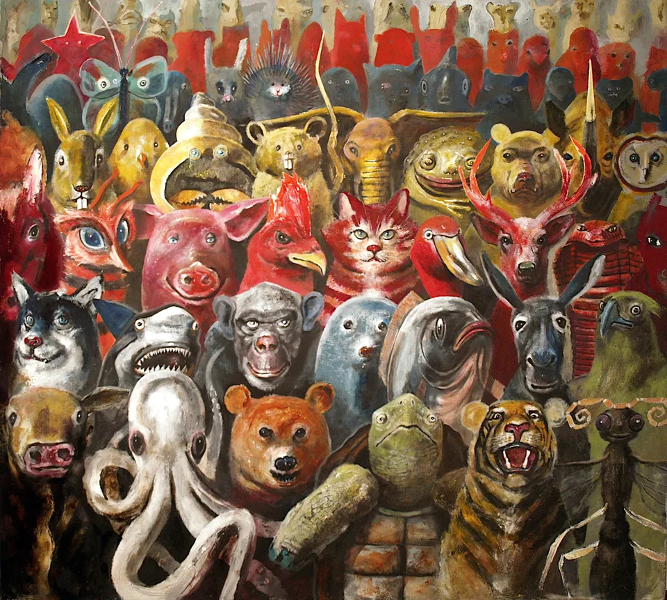 Francesco Santosuosso, Animali, olio acrilici su tavola, 70×80 cm