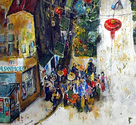 Francesco Santosuosso, Aperitivo bancomat edicola, 2022, acrilici su tavola, 100×50 cm