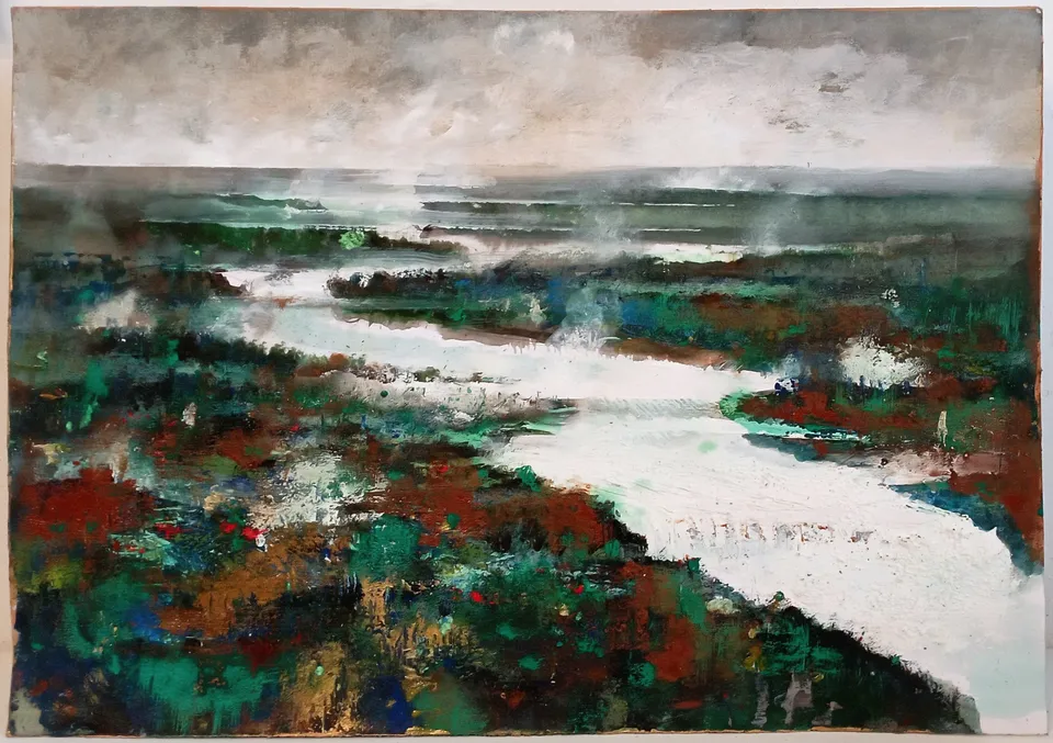 Francesco Santosuosso, Apocalictic river, 2024, olio e acrilico su carta, 35×50 cm