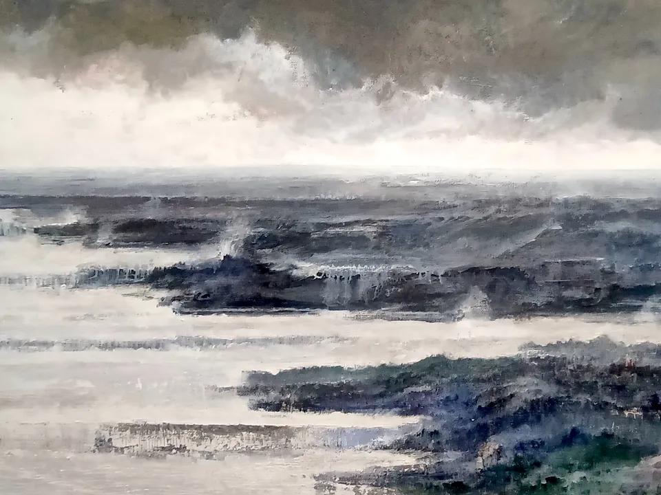 Francesco Santosuosso, Apocalyptic river, 2023, olio e acrilico su tela, 200×370 cm