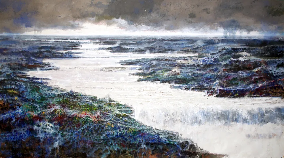 Francesco Santosuosso, Apocalyptic river, 2023, olio e acrilico su tela, 200×370 cm