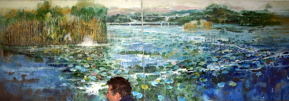 Francesco Santosuosso, Autore con dittico ninfee- +, olio su tela di juta, 100×150 cm