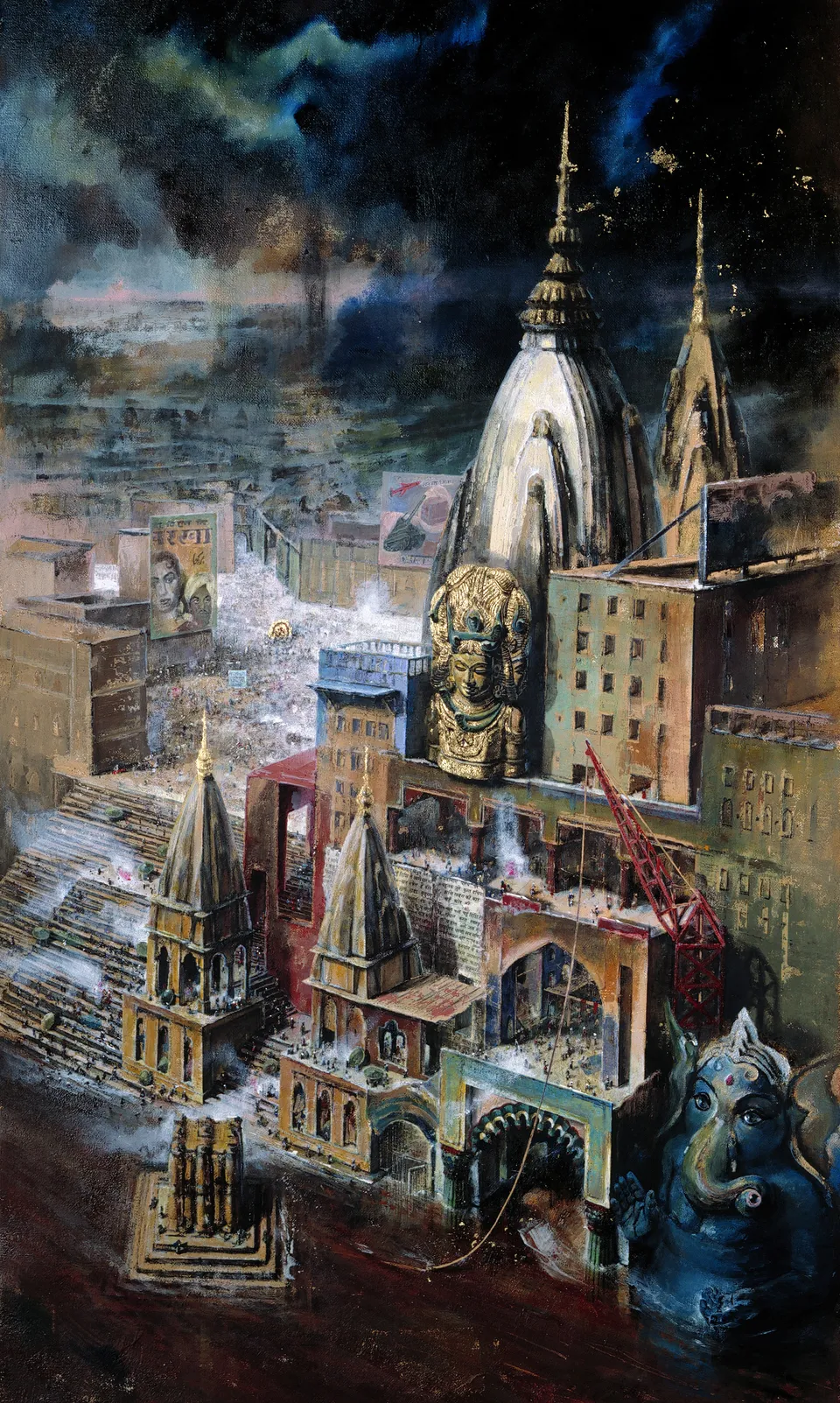 Francesco Santosuosso, Benares, 2003, olio, acrilici, foglia d'oro su tela, 200×120 cm