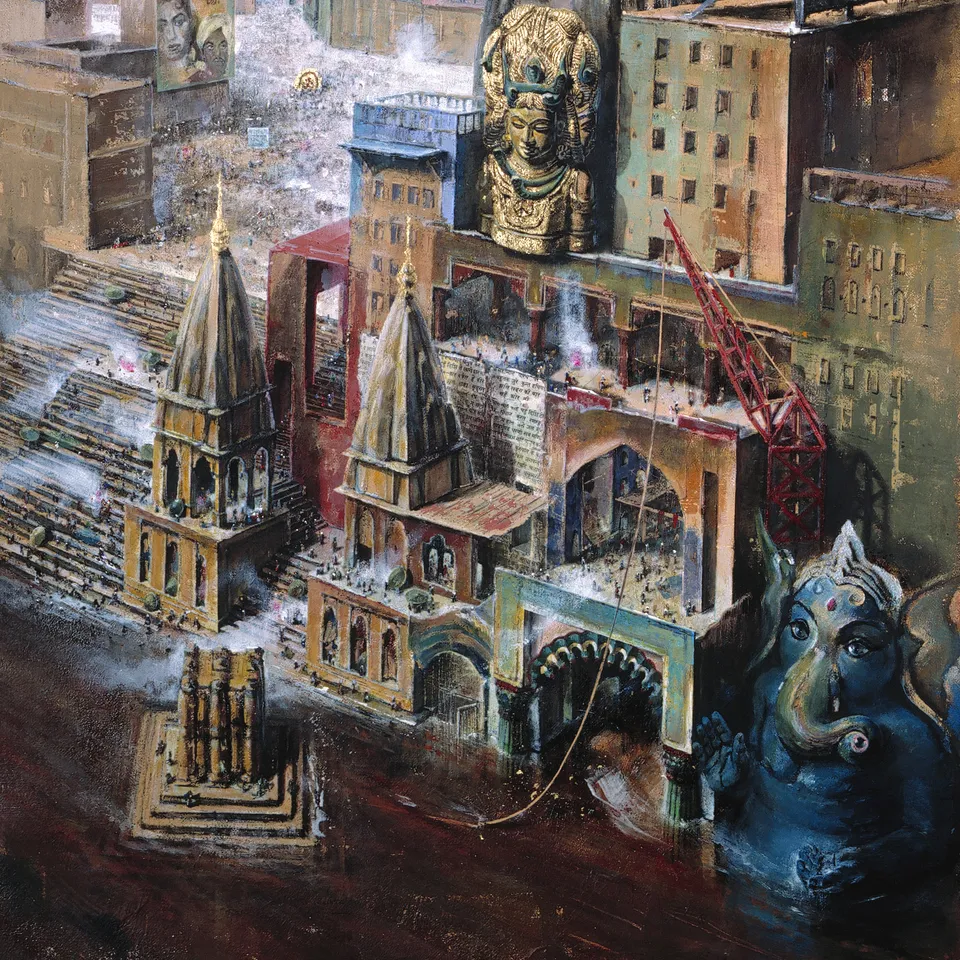 Francesco Santosuosso, Benares particolare dei docks, 2003, olio, acrilici, foglia d'oro su tela, 200×120 cm