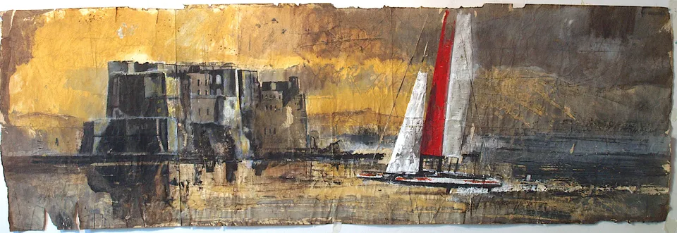 Francesco Santosuosso, Caste dell'ovo- luna rossa, tecnica mista, 32×97 cm