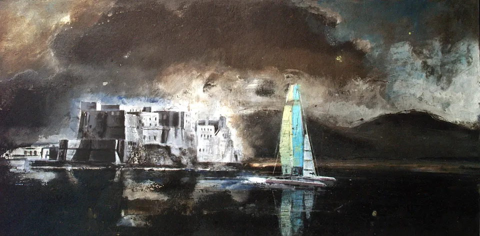 Francesco Santosuosso, Catamarano, acrilici su carta catramata, 30×60 cm