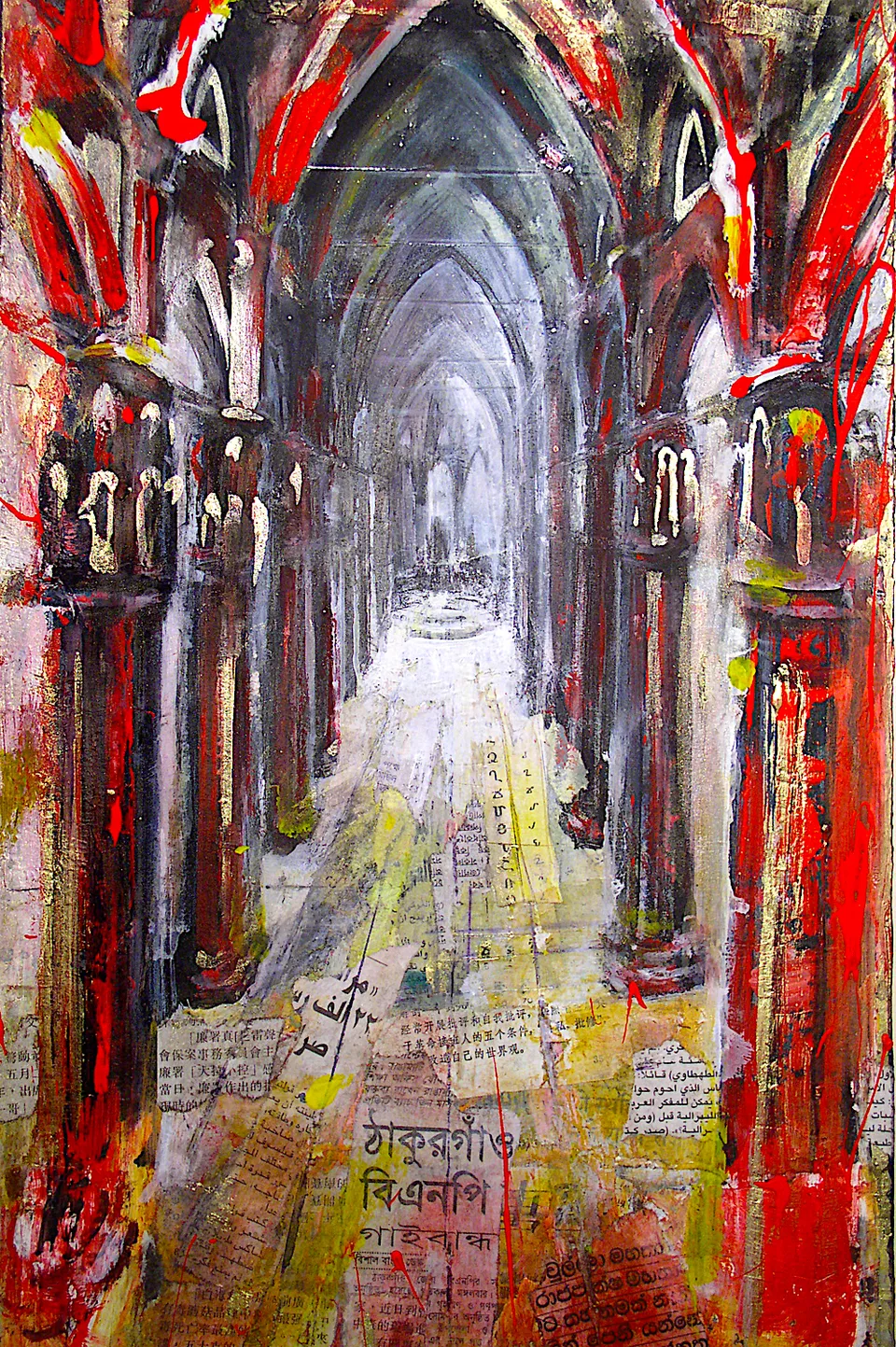 Francesco Santosuosso, Chiesa rossa, 2003, olio acrilico e collage su tavola