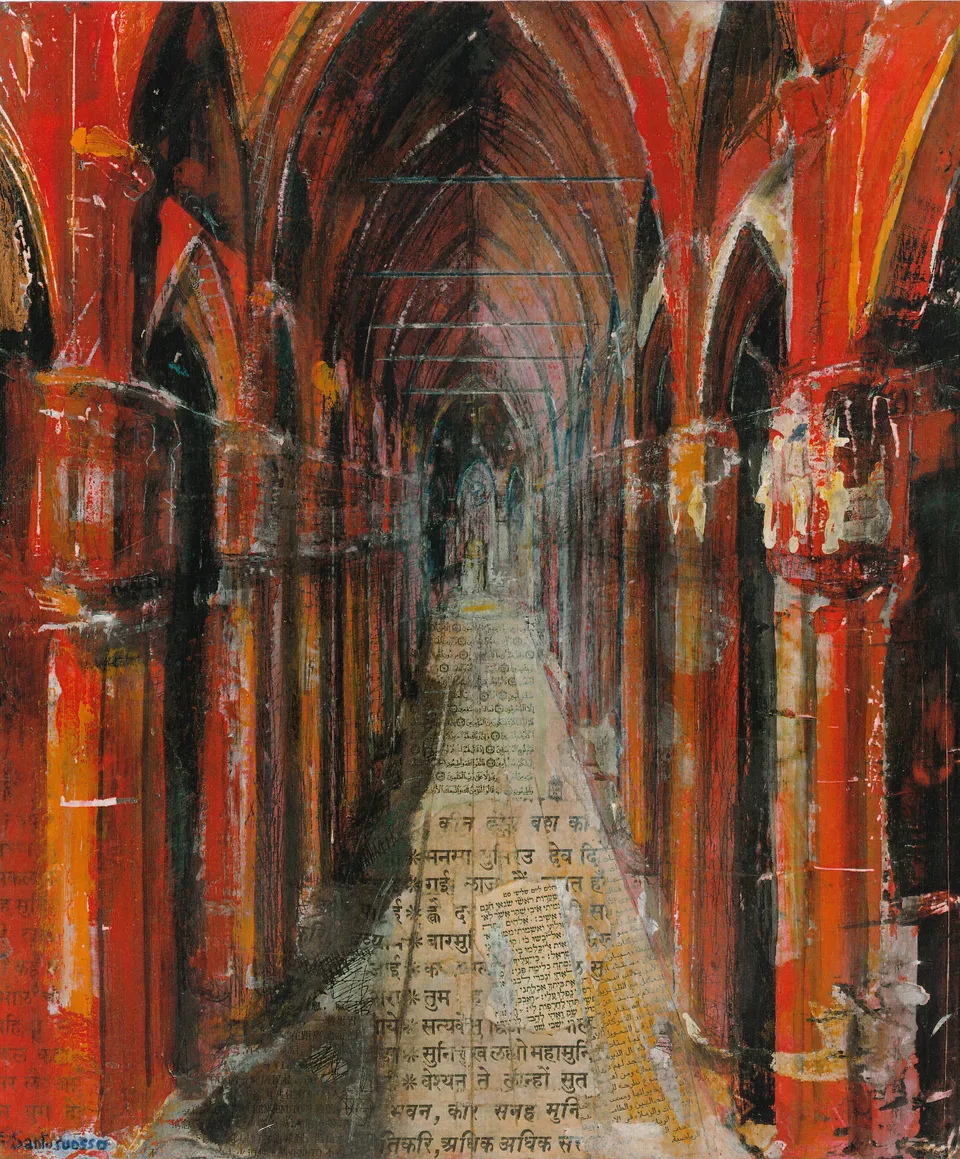 Francesco Santosuosso, Chiesa rossa, 2001, tecnica mista su tavola, 34×29 cm