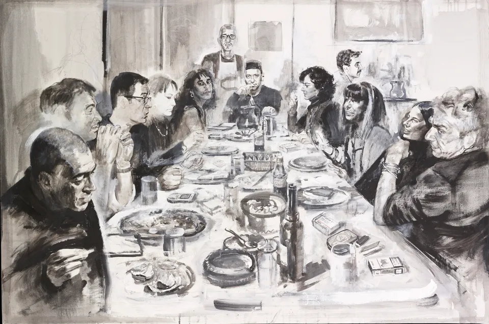 Francesco Santosuosso, Compagnia milanese, 2008, tecnica mista su tela, 100×150 cm