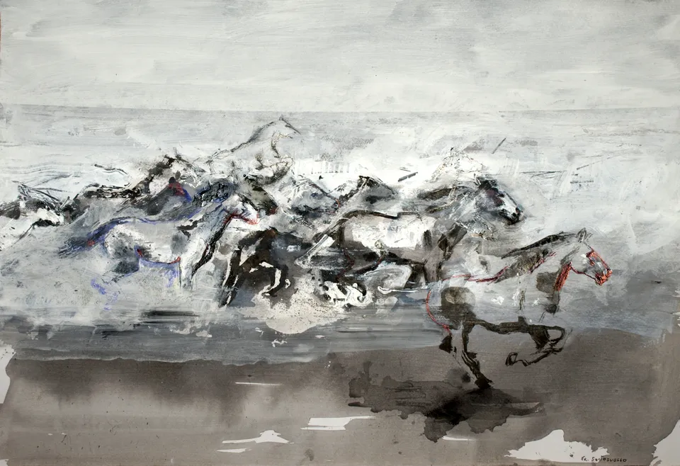 Francesco Santosuosso, Crazy horse, 2024, china e acrilico su carta, 35×50 cm