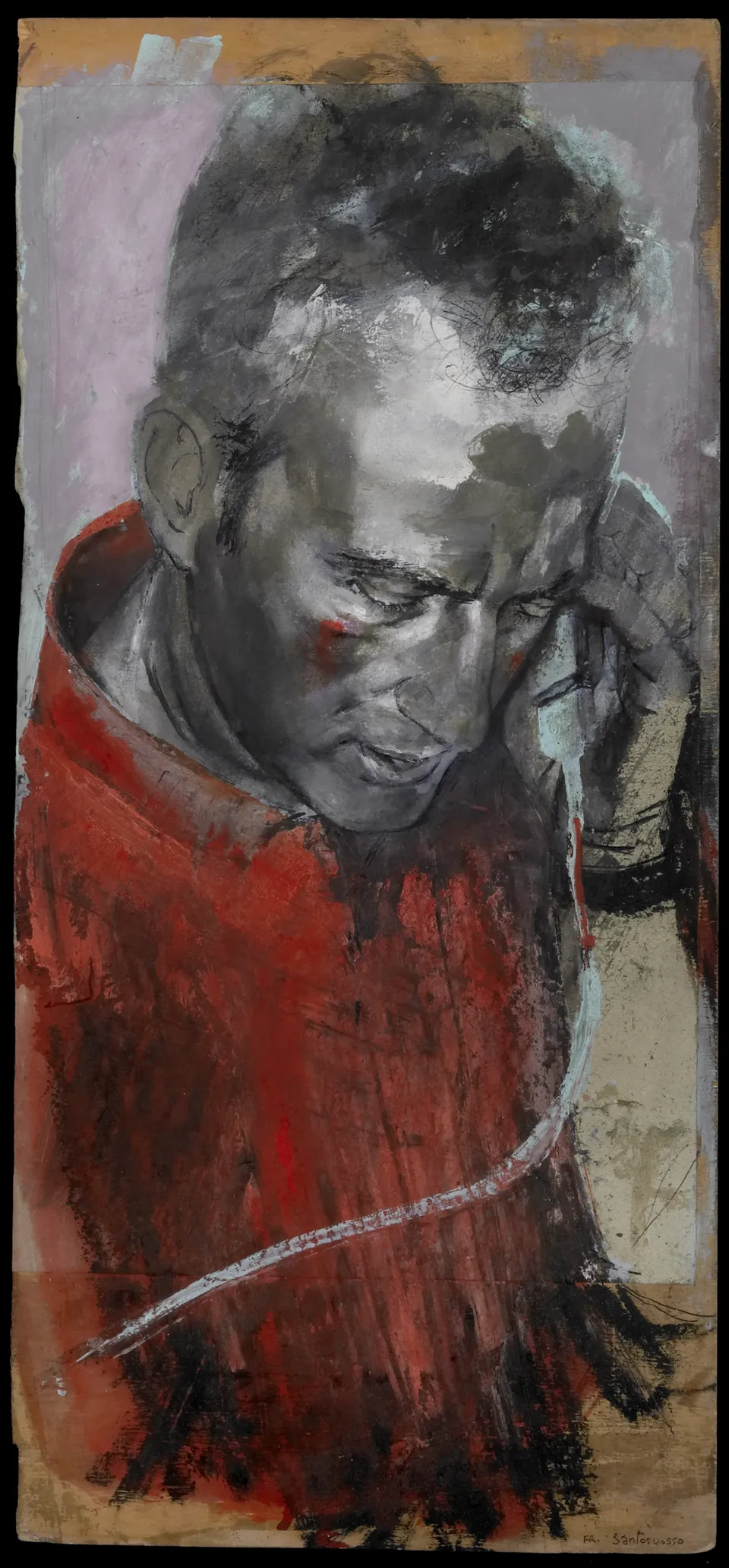 Francesco Santosuosso, Dario, 2004, tecnica mista su tavola, 60×28 cm