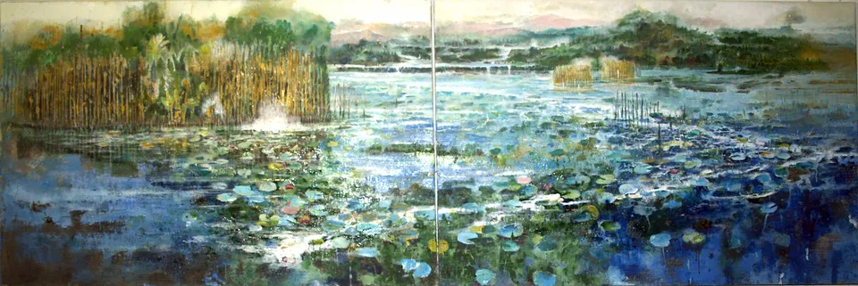 Francesco Santosuosso, Dittico ninfee- +, olio su tela di juta, 100×150 cm