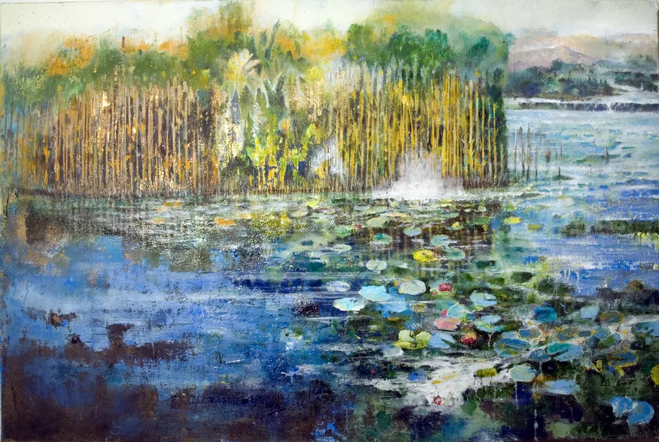 Francesco Santosuosso, Dittico ninfee tela 1, olio su tela di juta, 100×150 cm