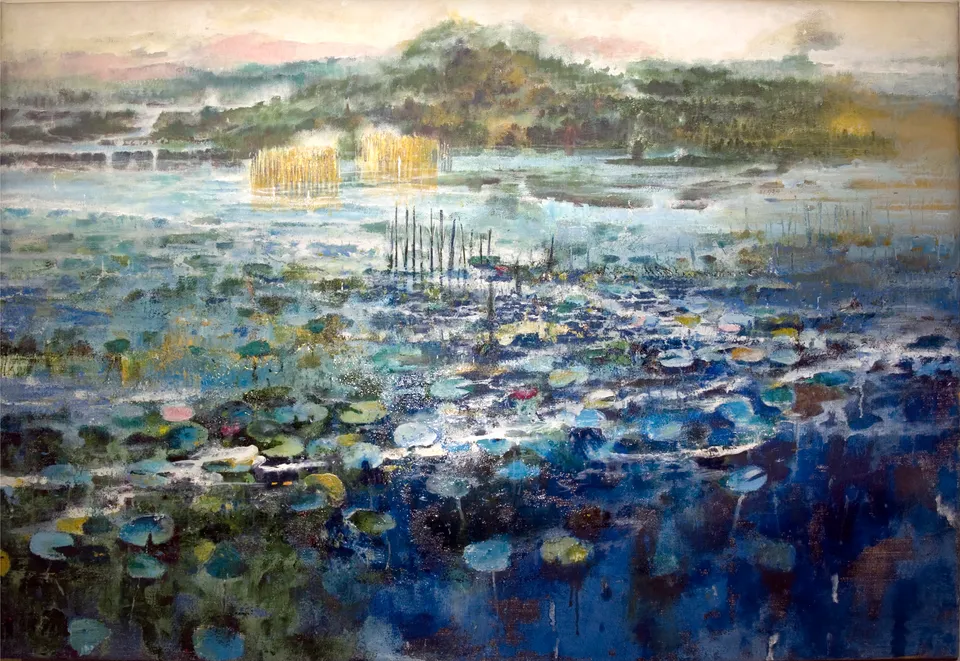 Francesco Santosuosso, Dittico ninfee tela 2, olio su tela di juta, 100×150 cm