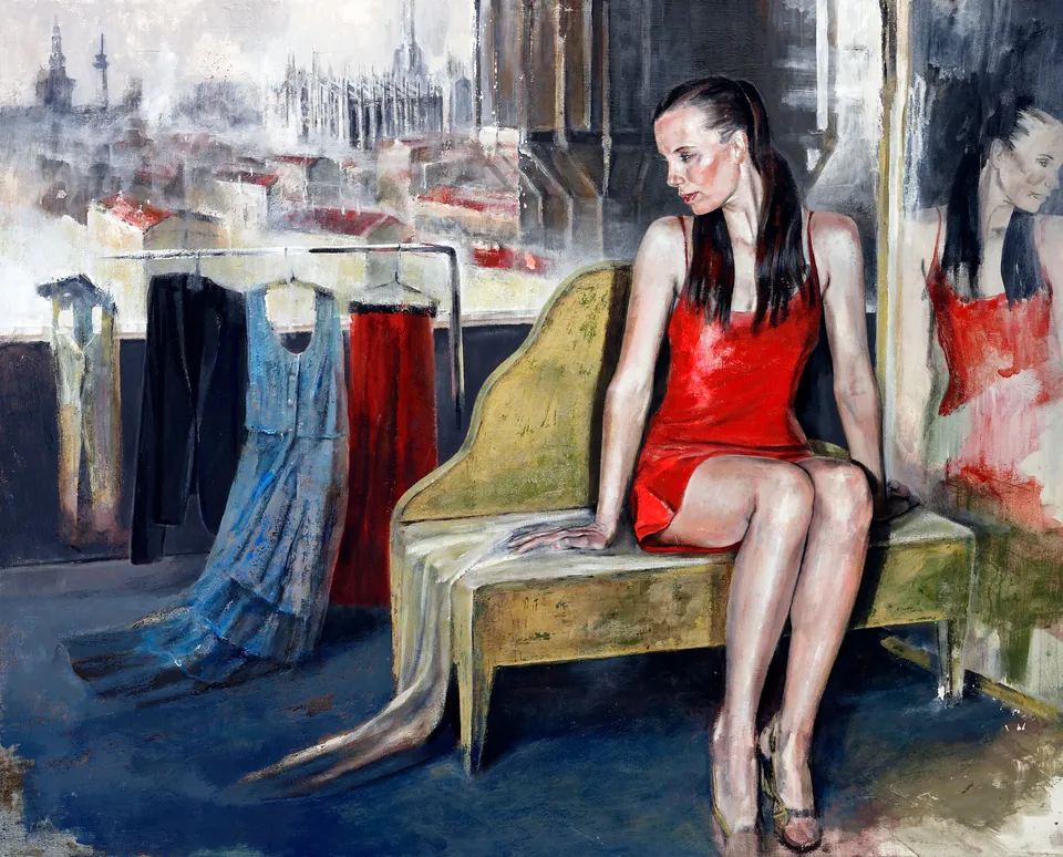 Francesco Santosuosso, ELVIRA,INDOSSATRICE-oliosu tela, 2008, 80×100 cm