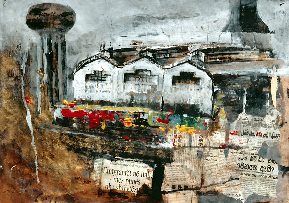 Francesco Santosuosso, Fabbriche, 2002, acrilico e collage su carta intelata, 50×70 cm