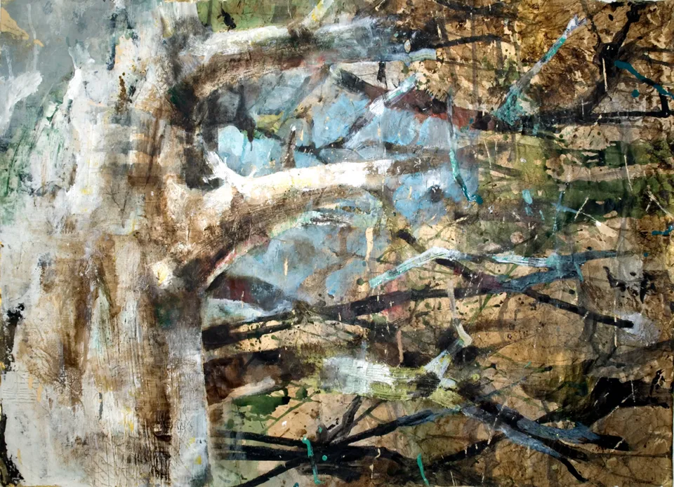 Francesco Santosuosso, Gli insetti che vivono nell'albero, acquarello olio acrilico su carta, 70×100 cm