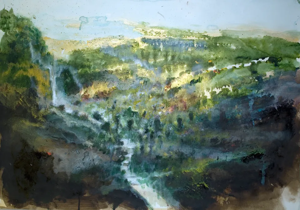 Francesco Santosuosso, Happy little river, acquarello olio acrilico su carta, 70×100 cm