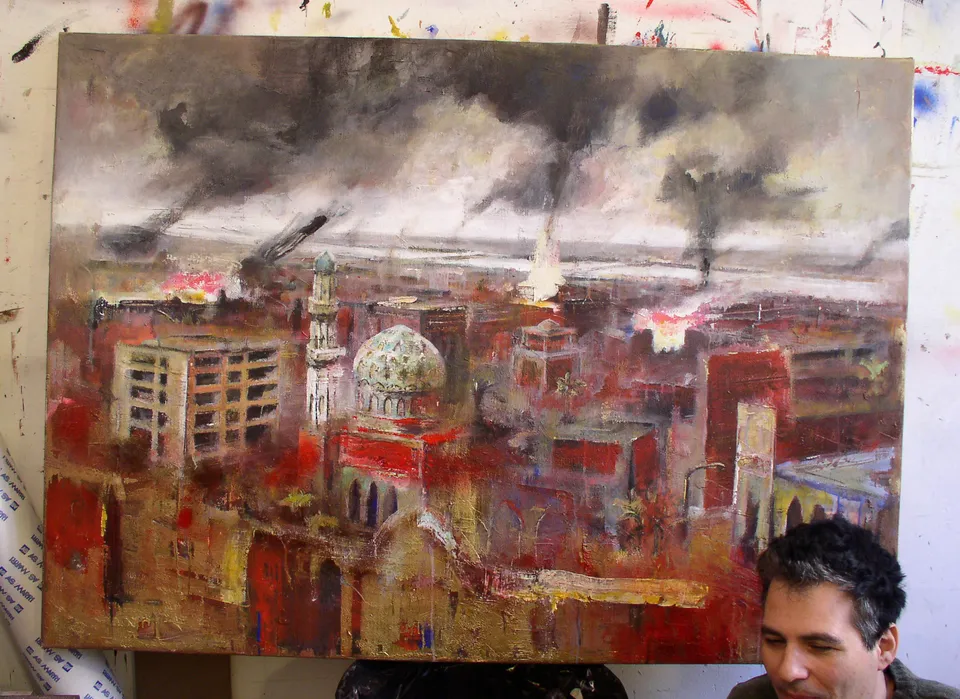 Francesco Santosuosso, Il bombardamento di bagdad con autore tela, 2003, olio e acrilici su tela, 100×140 cm