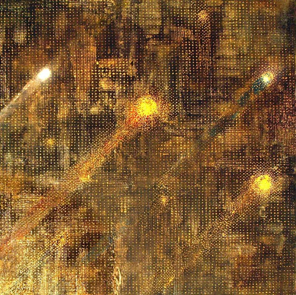 Francesco Santosuosso, Il bosone di higgs,1, 2012, olio, acrilici, e smalti su tela, 100×100 cm