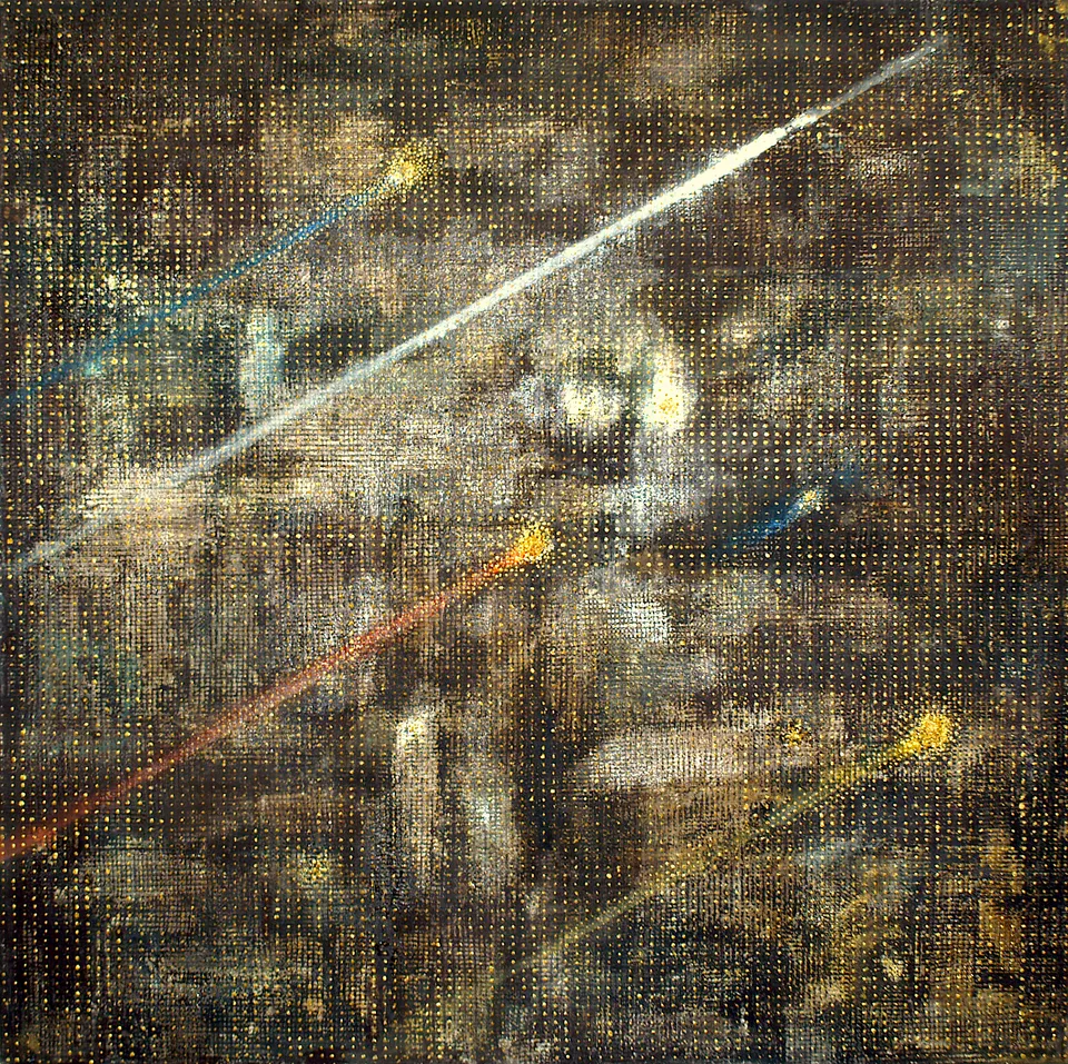 Francesco Santosuosso, Il bosone di higgs, 2, 2012, olio, acrilici, e smalti su tela, 100×100 cm
