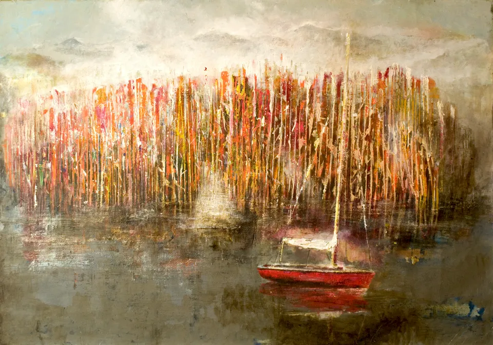 Francesco Santosuosso, Il canneto rosso, acquarello olio acrilico su carta, 70×100 cm