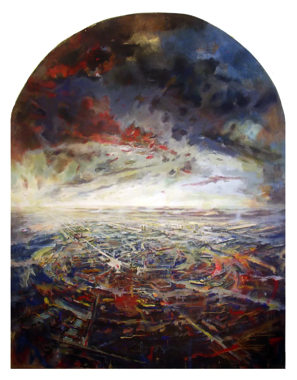 Francesco Santosuosso, Il cielo sopra MIlano, 2003, olio e acrilici su tela centinata, 230×185 cm