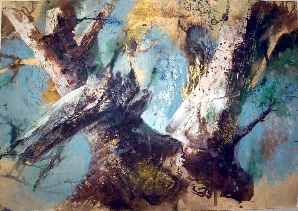 Francesco Santosuosso, Il mistero dell'albero torto 2, acquarello olio acrilico su carta, 70×100 cm