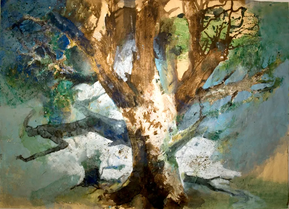 Francesco Santosuosso, Il mistero dell'albero torto 3, acquarello olio acrilico su carta, 70×100 cm