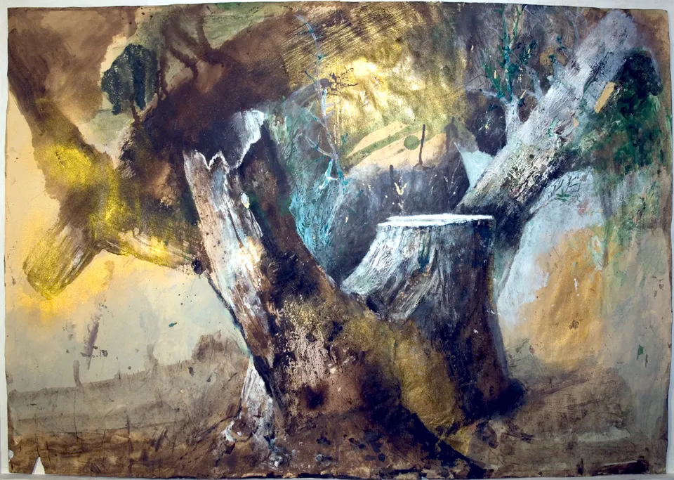 Francesco Santosuosso, Il mistero dell'albero torto, acquarello olio acrilico su carta, 70×100 cm