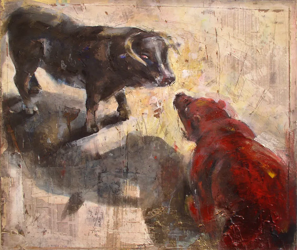 Francesco Santosuosso, Il toro e l'orso, 40×40 cm