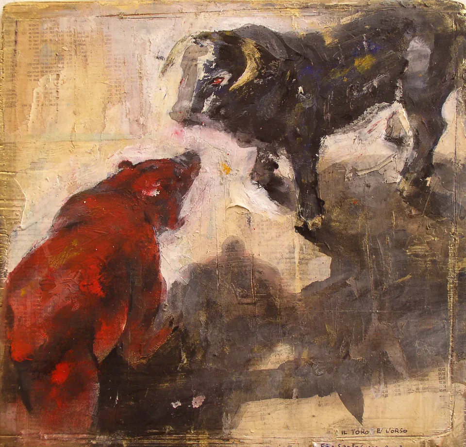 Francesco Santosuosso, Il toro e l'orso, 40×40 cm
