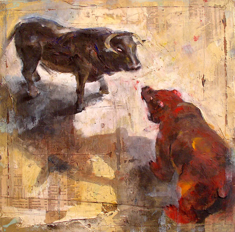 Francesco Santosuosso, Il toro e l'orso, 2002, tecnica mista su legno