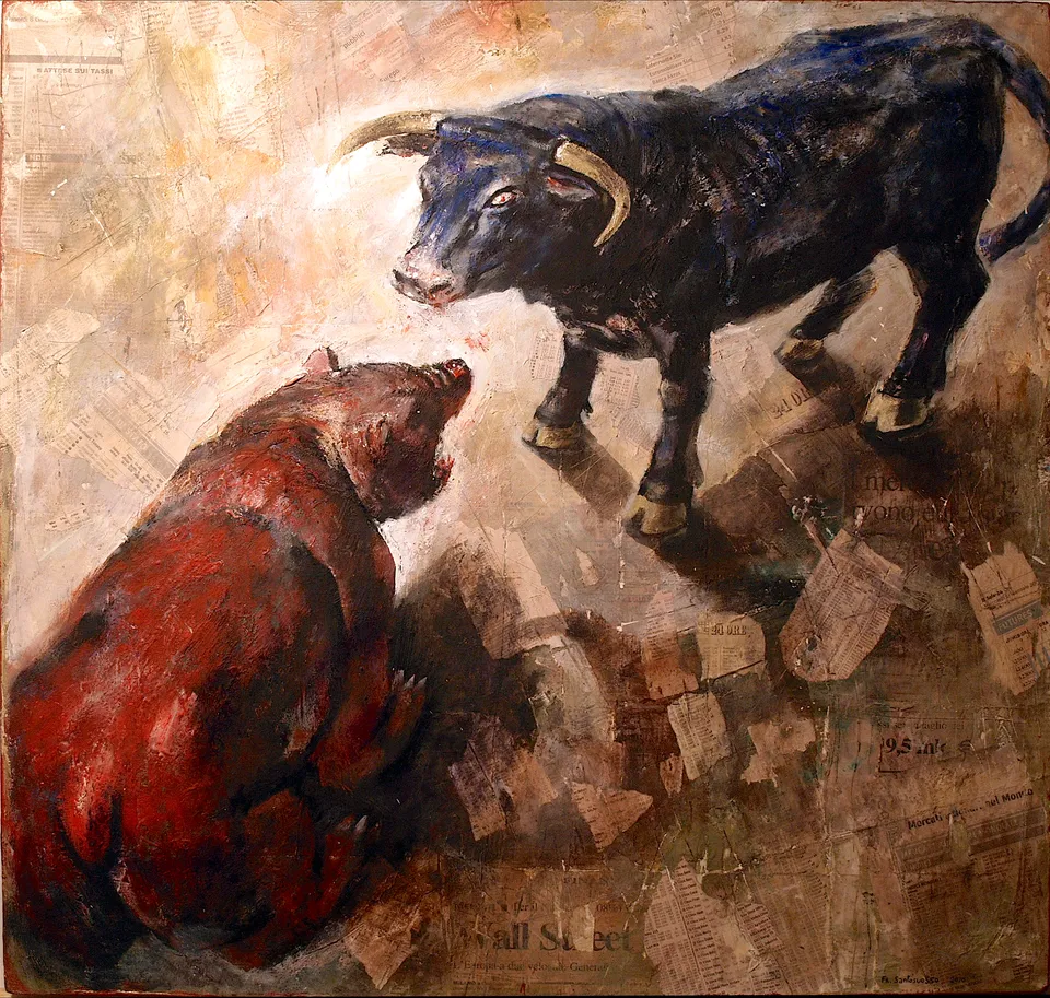 Francesco Santosuosso, Il toro e l'orso, 2010, acrilico su tavola, 56×58 cm