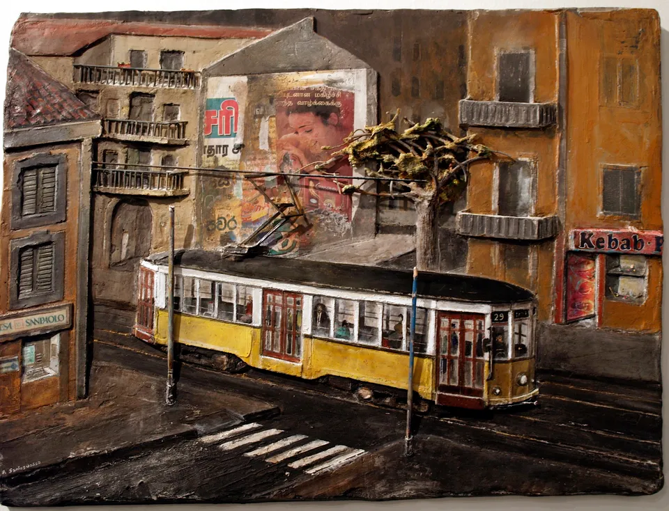 Francesco Santosuosso, Il vecchio tram giallo, 2011, bassorilievo, 45×65 cm