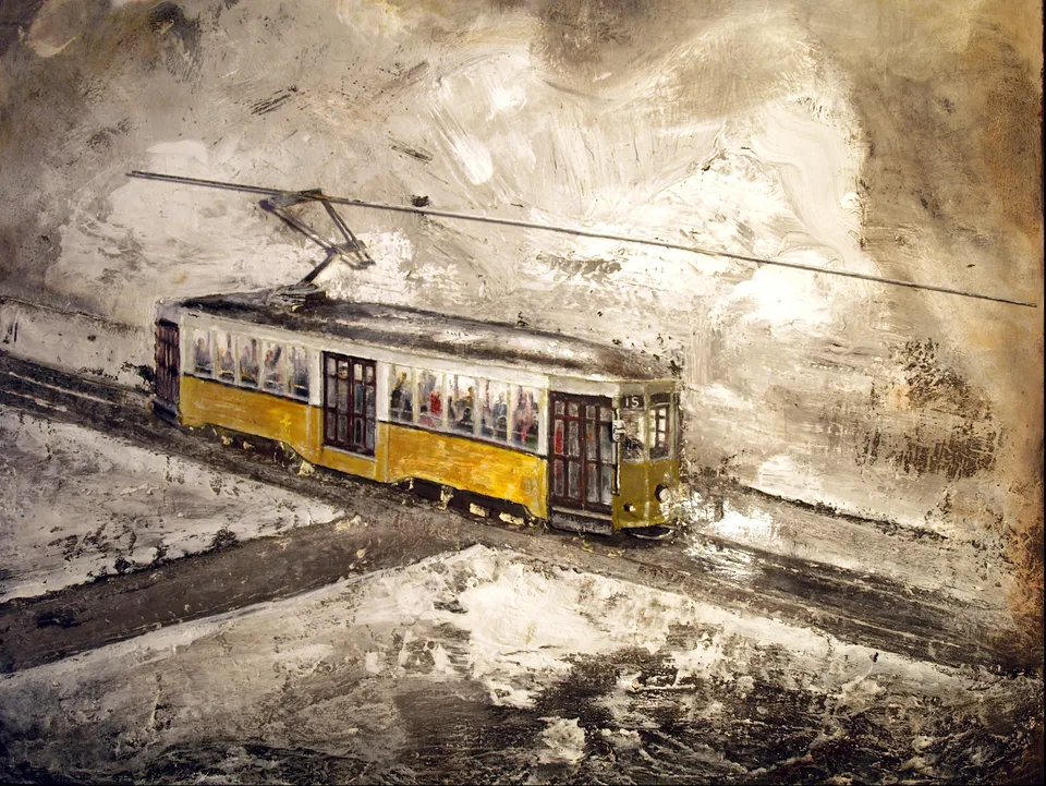 Francesco Santosuosso, Il vecchio tram giallo e la neve, 2014, acrilico su tavola, 60×90 cm