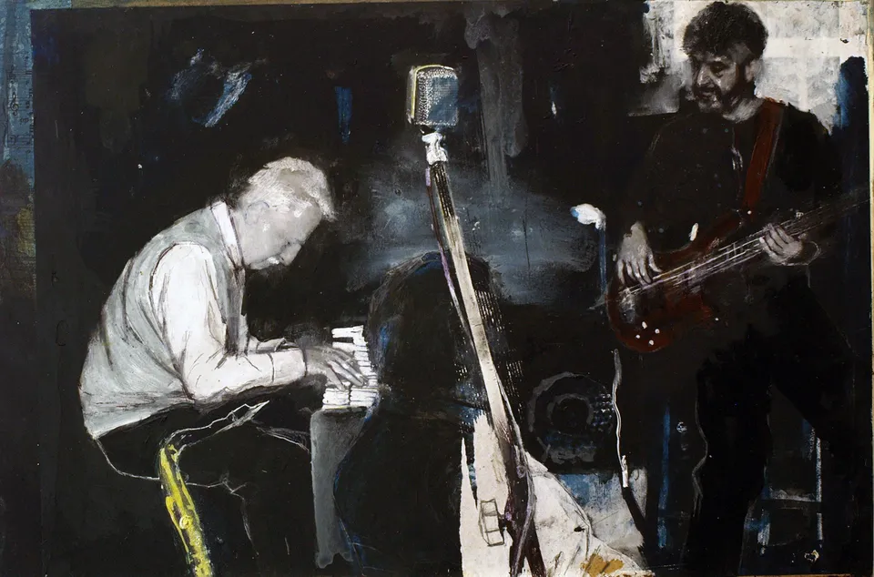 Francesco Santosuosso, Jam session 2, tecnica mista su tavola, 30×45 cm