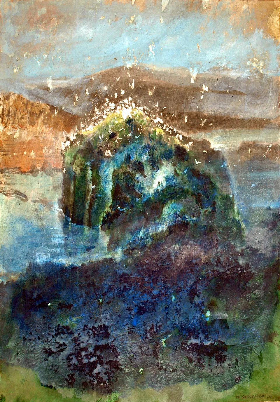 Francesco Santosuosso, L'isola dei gabbiani, 2024, acquarello e olio su carta, 35×50 cm