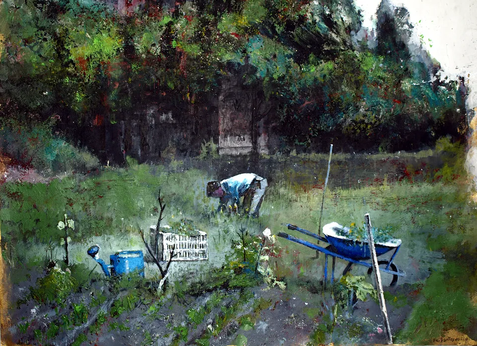 Francesco Santosuosso, L'orto di frate Erredo, 2022, olio su carta, 79×50 cm