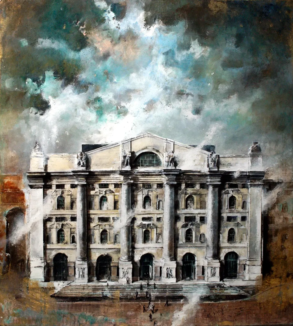 Francesco Santosuosso, LA BORSA DI MILANO -- stucchi e, 2010, olio su carta, 70×80 cm
