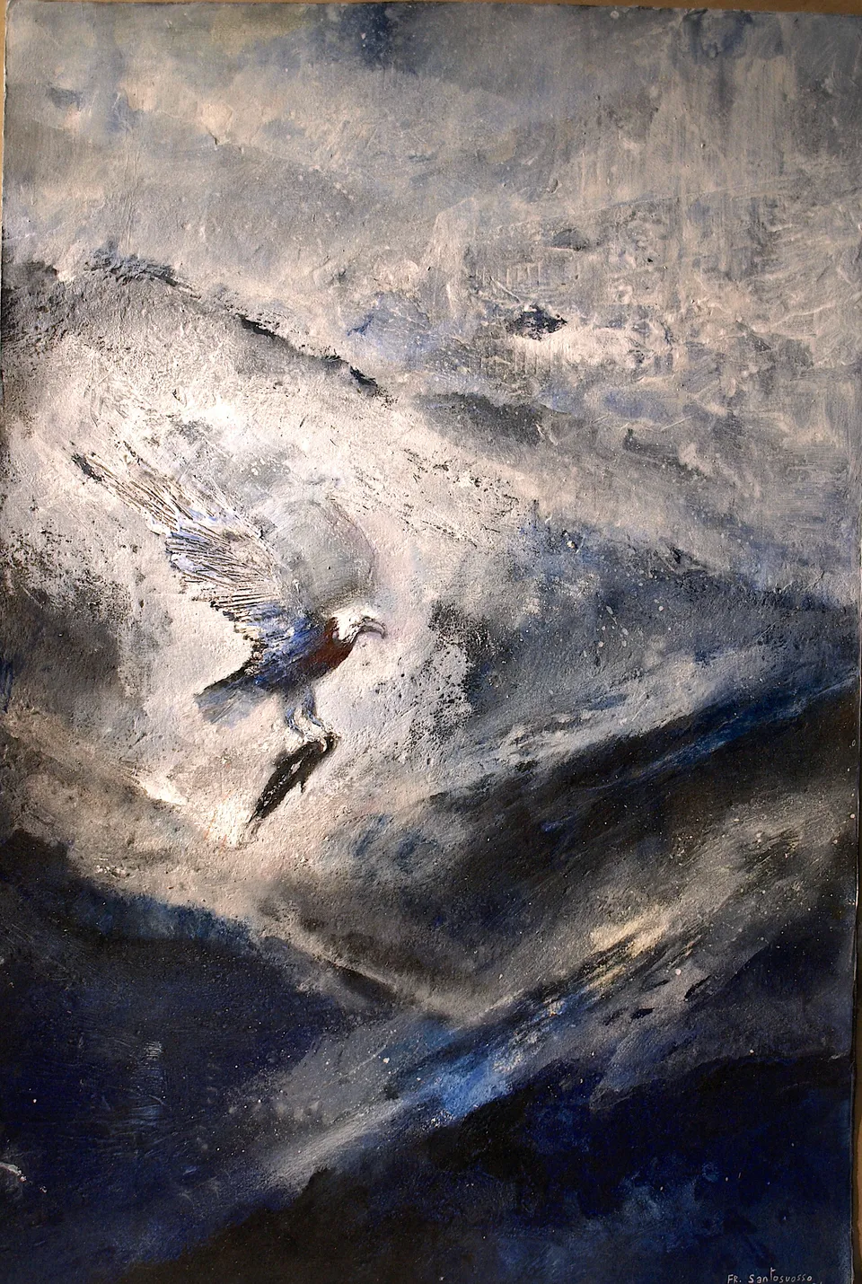 Francesco Santosuosso, La caccia dell'acquila sull'oceano, 2024, acrilico su carta, 35×50 cm