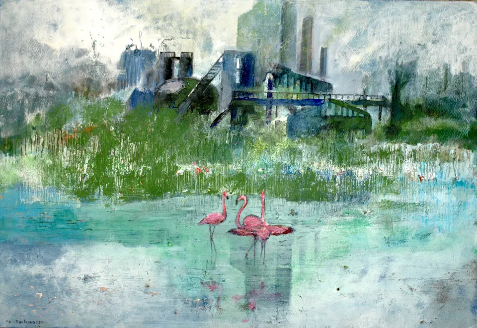 Francesco Santosuosso, La cartiera sull'acqua, 2024, acrilico su carta, 35×50 cm