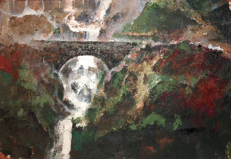 Francesco Santosuosso, La cascata di primaluna, 2024, acrilico su carta, 35×50 cm