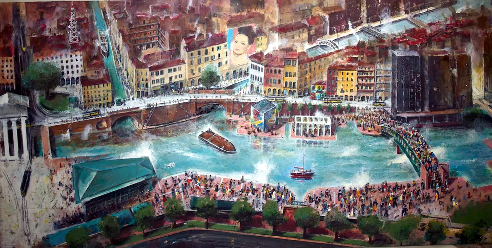 Francesco Santosuosso, La darsena di milano, 2017, olio e acrilici su tavola, 70×140 cm