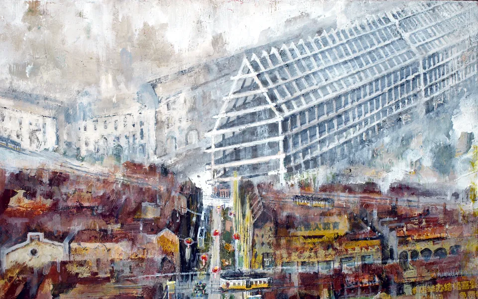 Francesco Santosuosso, LA FELTRINELLI, particolare del quadro VIA PAOLO SARPI, 2022, acrilici su tavola, 100×50 cm