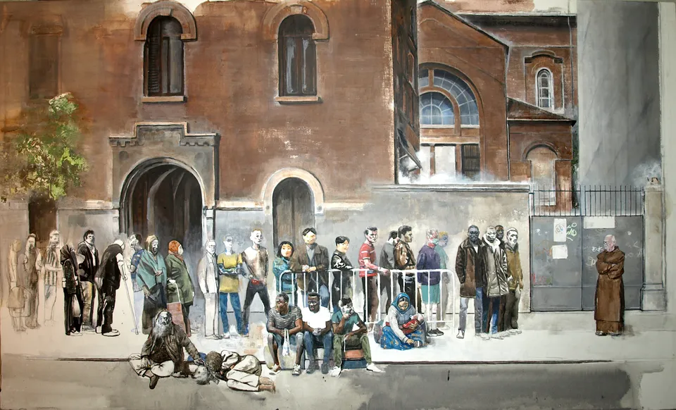 Francesco Santosuosso, La mensa della carità di via canova, 2022, acquarello acrilico china su tela, 100×170 cm