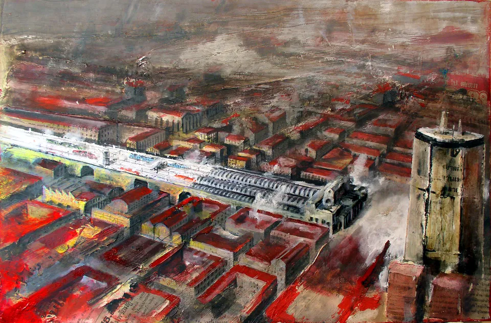 Francesco Santosuosso, La stazione centrale e il pirellone, 2005, acrilico su tavola, 40×60 cm